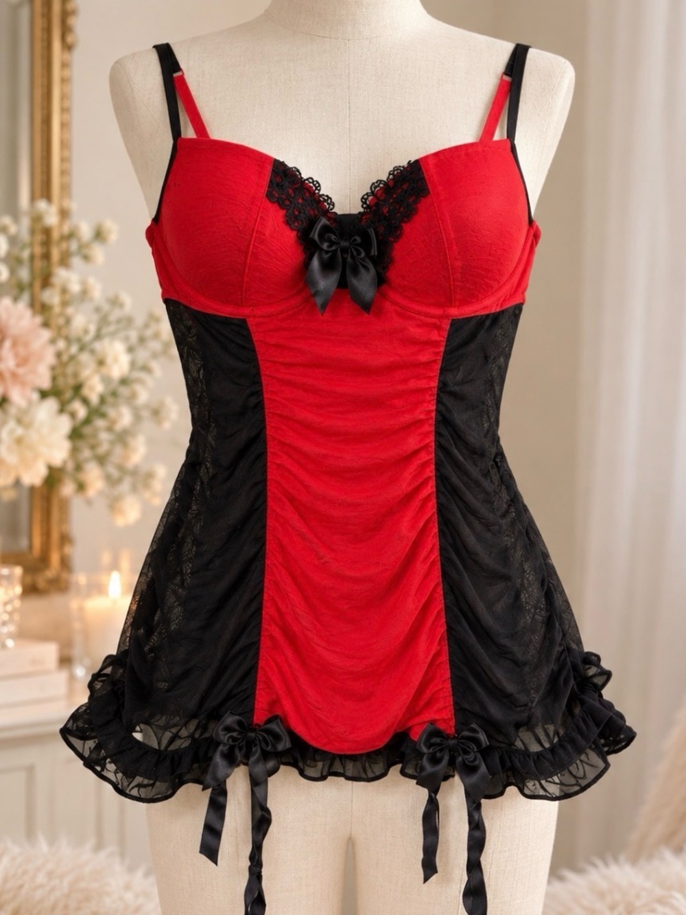 La Senza Red & Black Lace Bustier Chemise | NWT | Size Medium